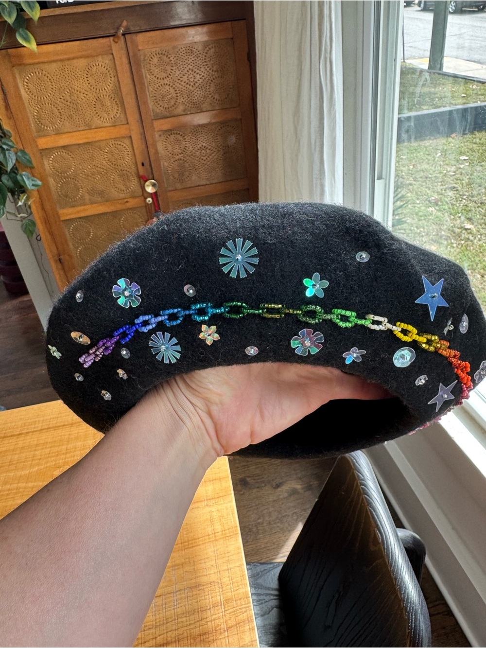 Black Embellished Beret with Rainbow Bead Trim